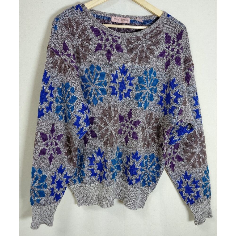 HENRY GRETHEL Wool Snowflake Sweater Gray Blue Knit Long Sleeve Size M